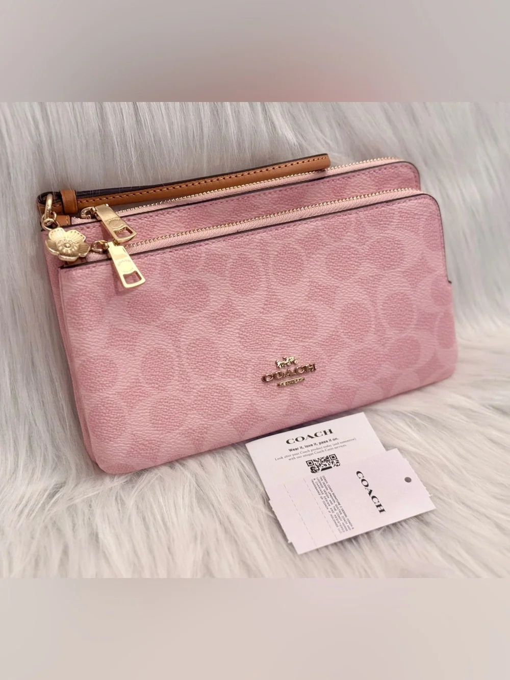 NWT Coach CEF61 Double Zip Wristlet In Signature Canvas With Charms Powder Pink